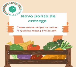 Cartaz com ilustração de uma caixa de fruta, com o logo da 'Fruta Feia' e um cartaz com informações.