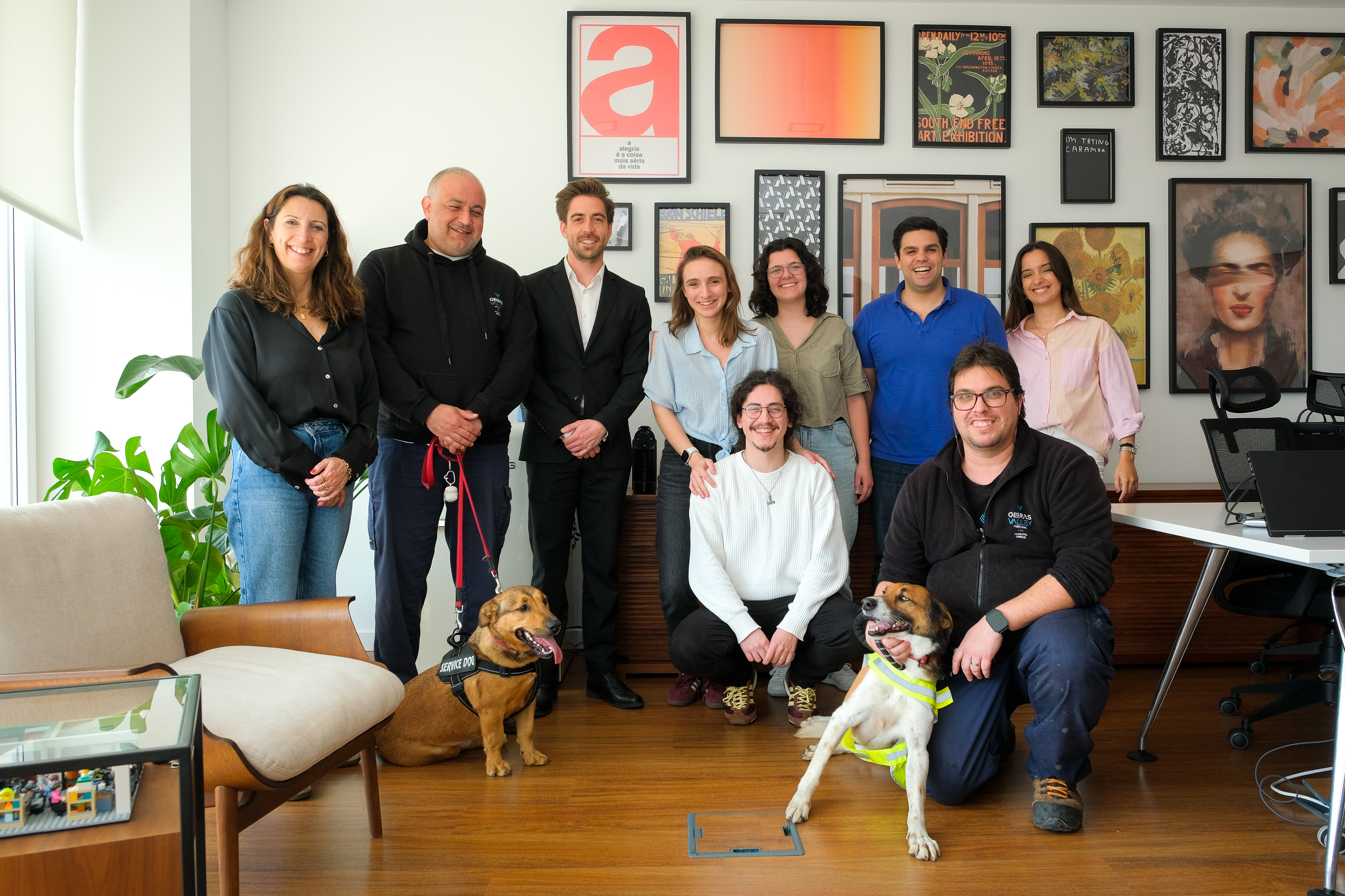 Grupo de pessoas sorridentes a possar com dois cães nos escritórios da Auroracom