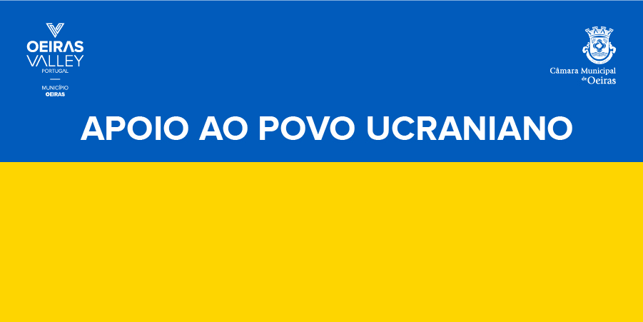 Cores da bandeira ucraniana (amarelo e azul) com indicação de Apoio ao povo ucraniano