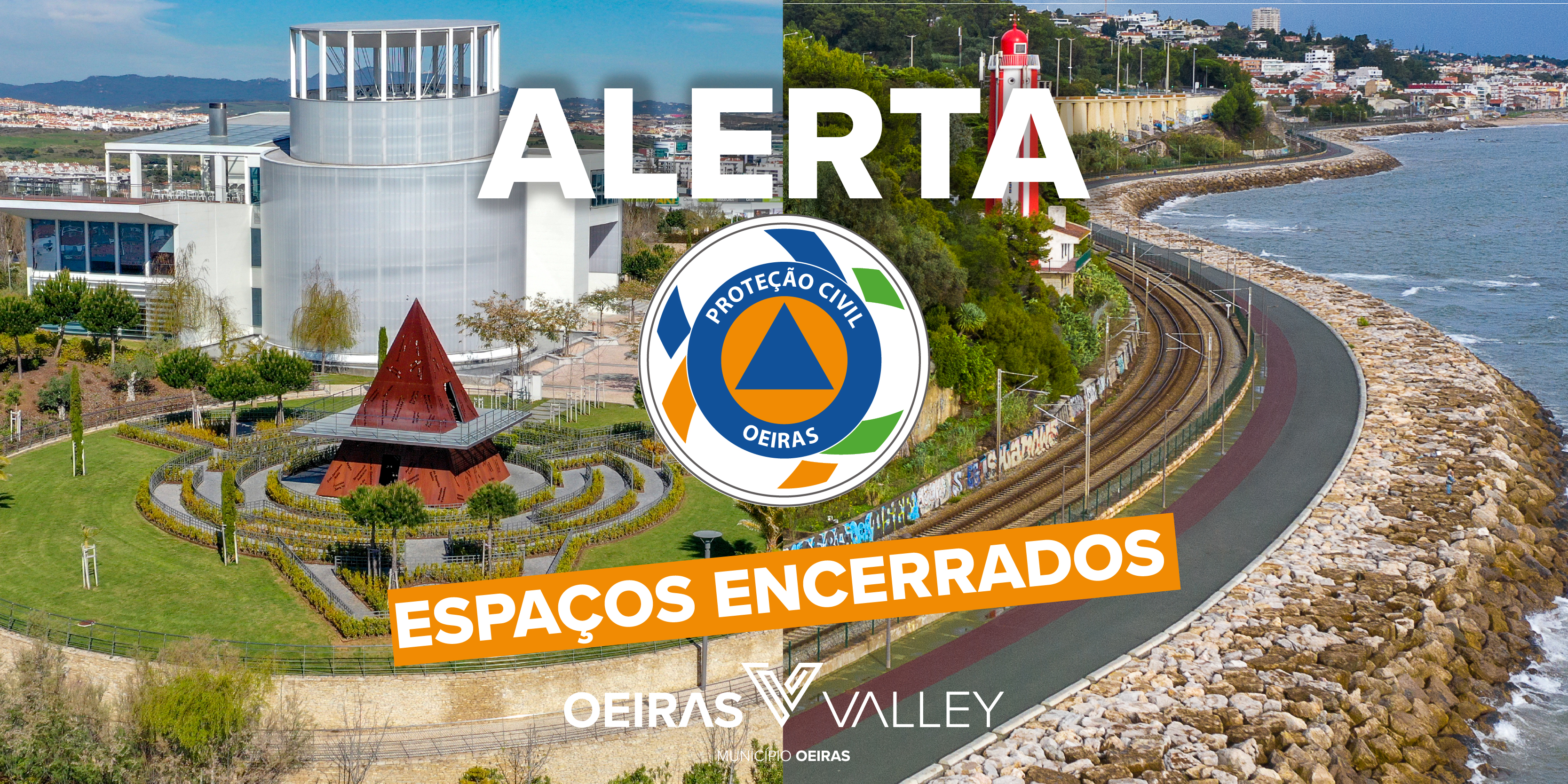 Fotografias do parque dos poetas e passeio marítimo com a inscrição alerta e logo da proteção civil