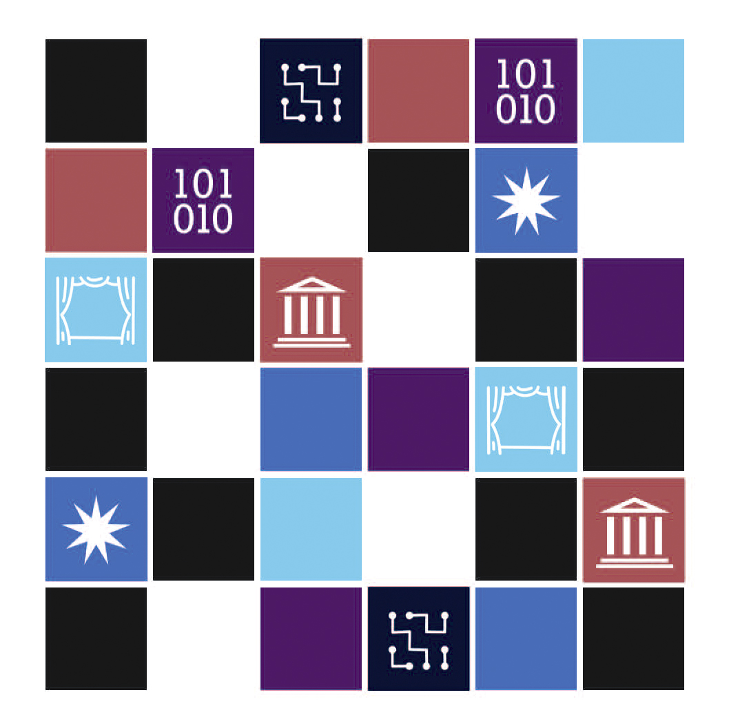 ilustração com vários quadrados de cores diferentes e simbolos