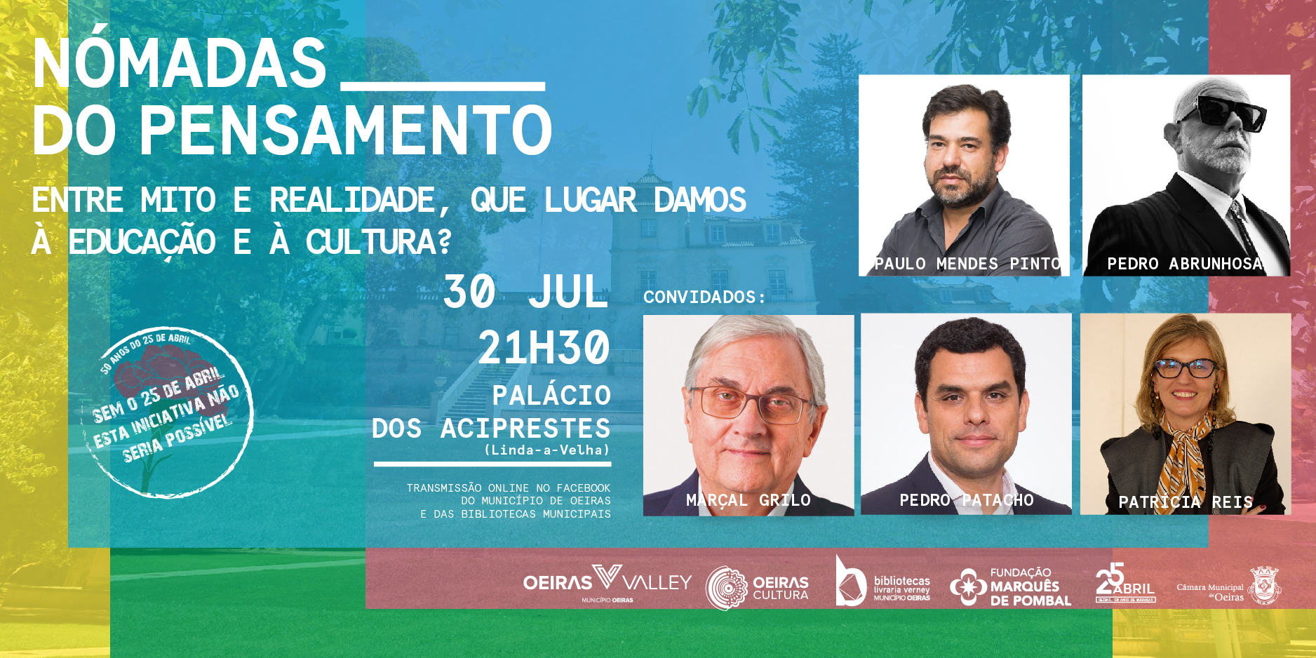 Banner do evento com fotografia dos anfitriões e dos convidados, com informação de data, hora e local