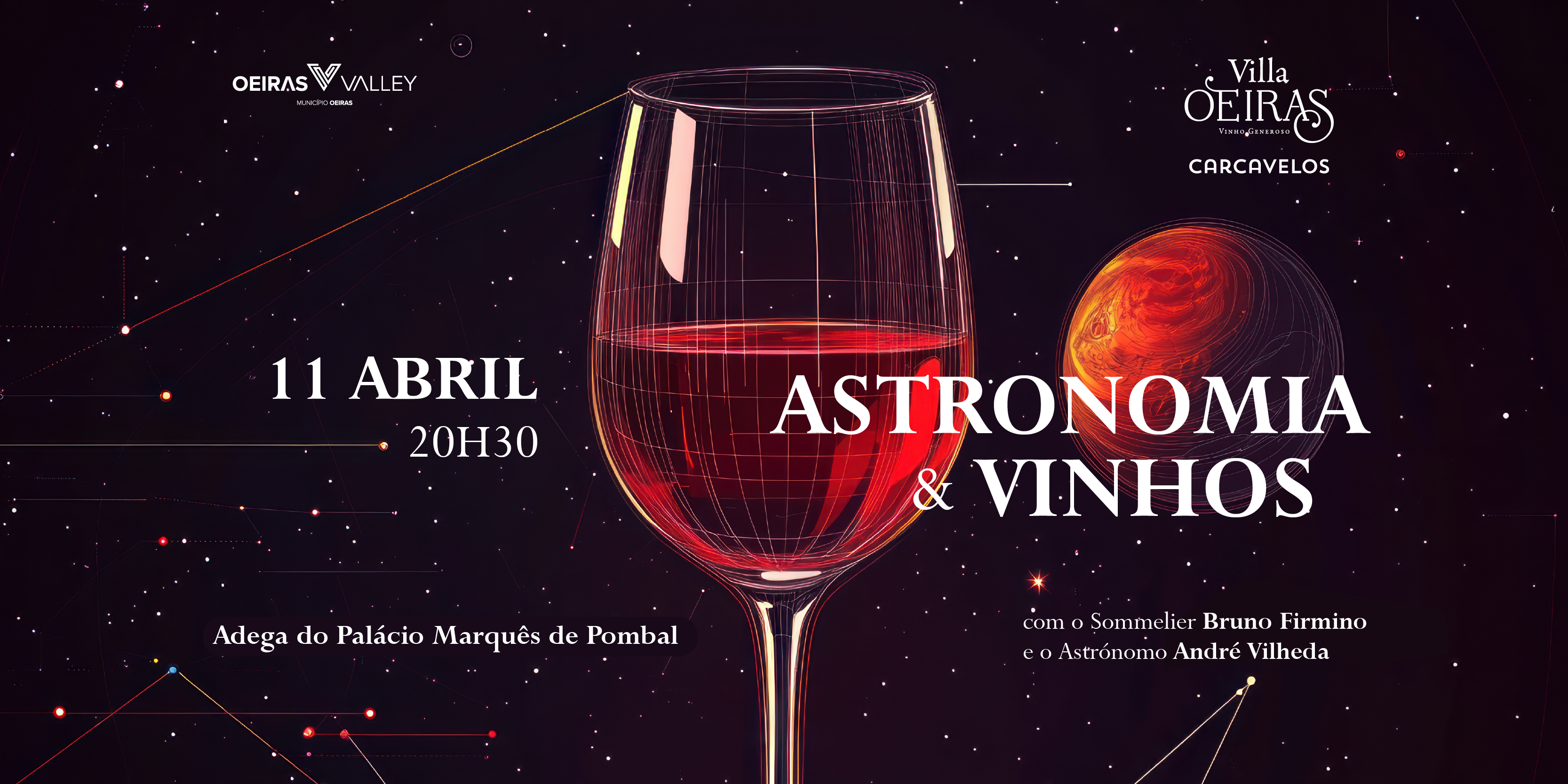 Banner com uma imagem de um copo de vinho, um planeta e constelações, com o nome, data, local e hora do evento