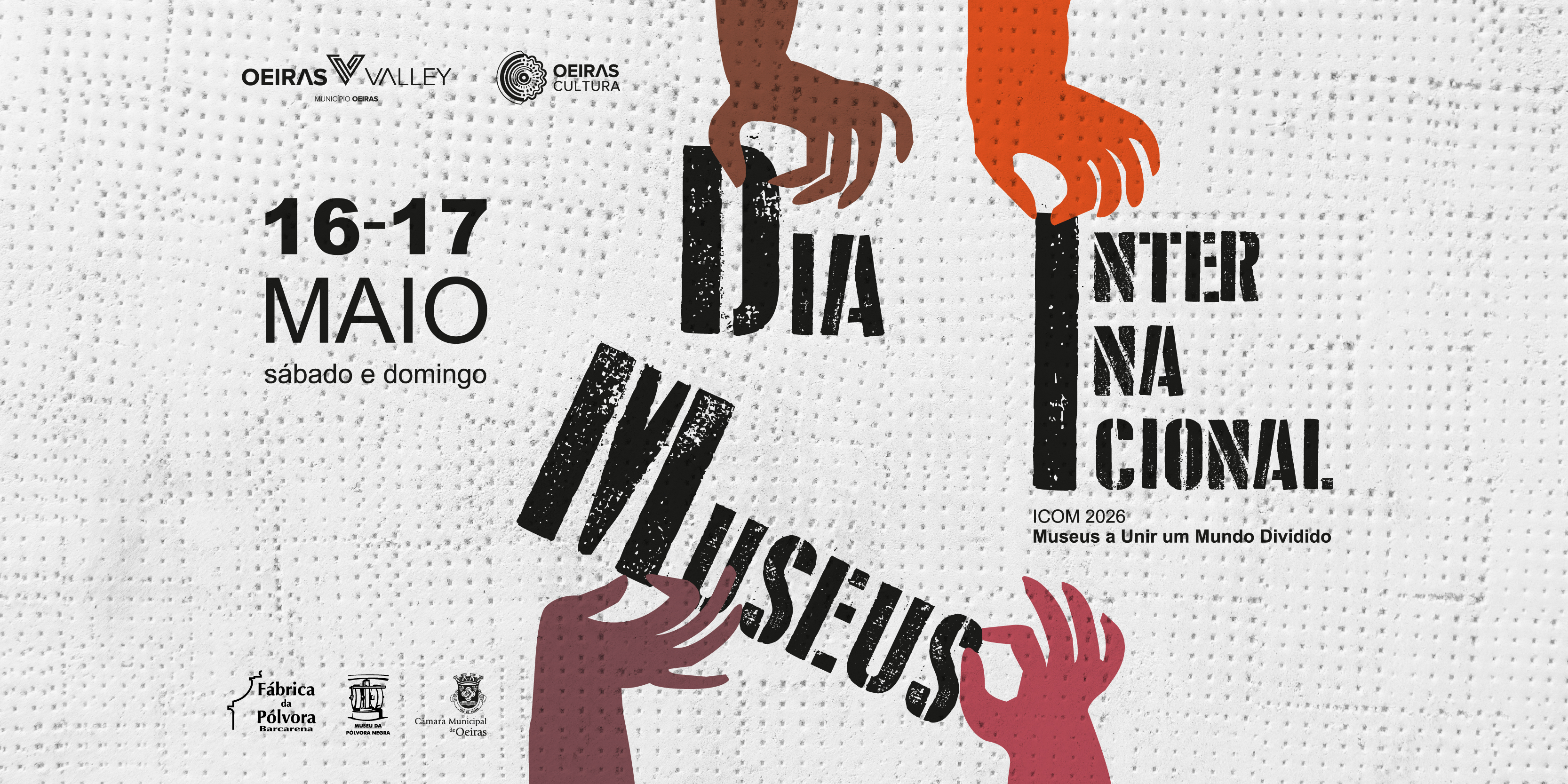 Banner com desenhos de mãos coloridas com o nome, as datas e o local do evento