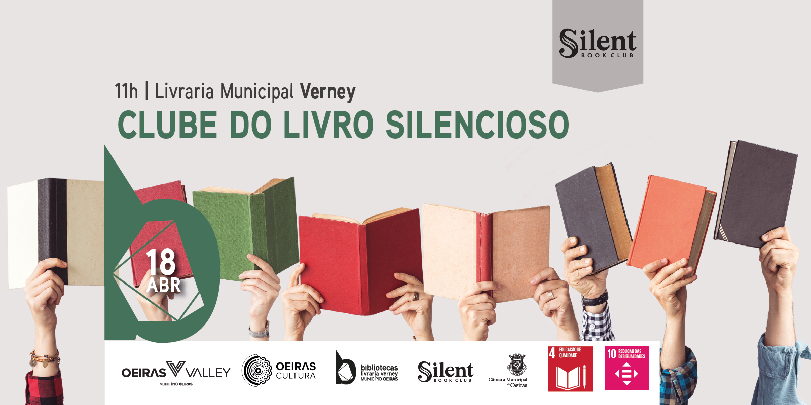 banner informativo do evento com imagem de mãos a agarrar livros