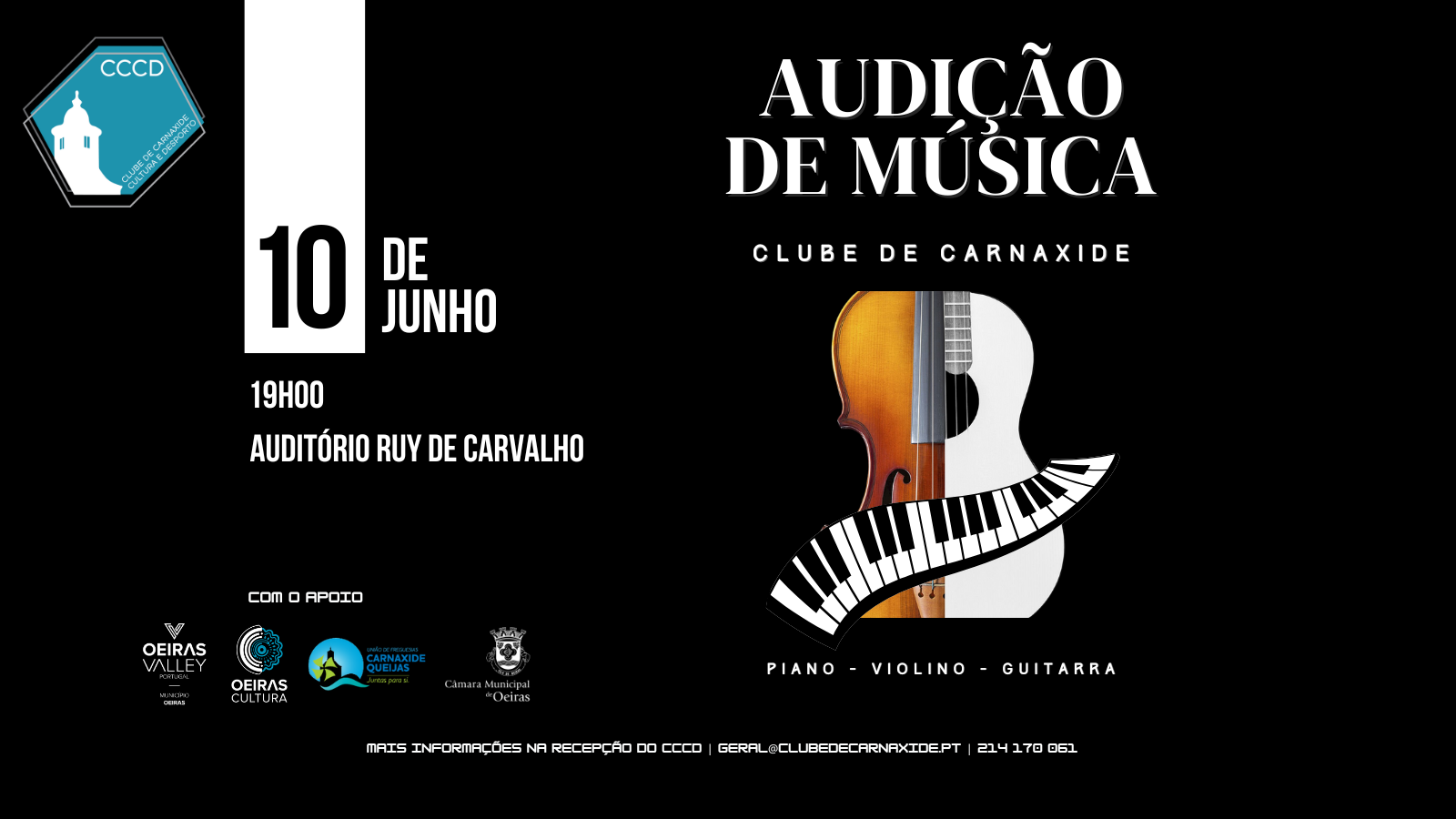 Banner em fundo preto, com ilustração de uma guitarra e com indicação dos dados do evento, data, hora e local. 