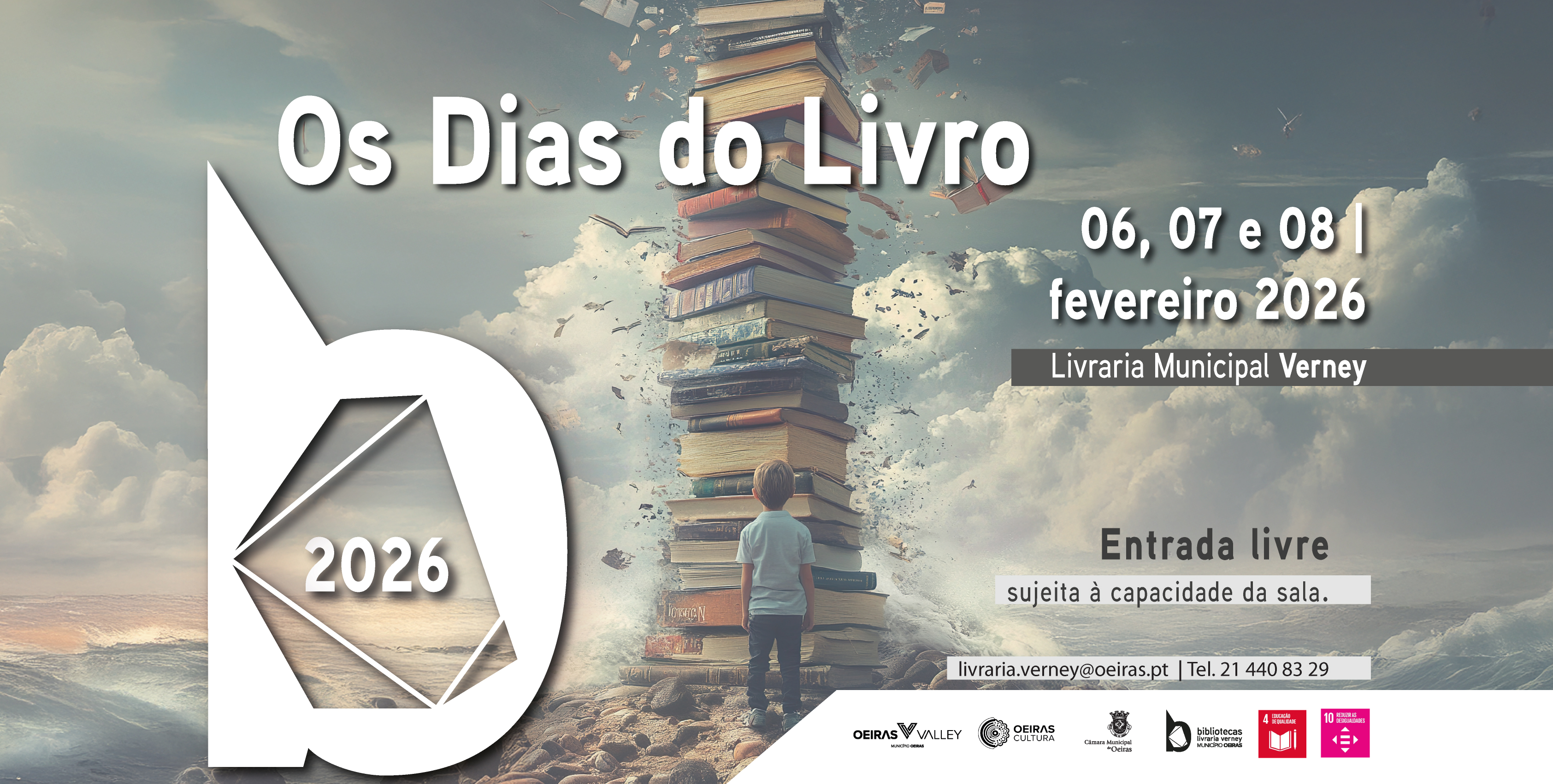 banner com a imagem de uma criança a olhar para livros empilhados, nome do evento, datas e localização