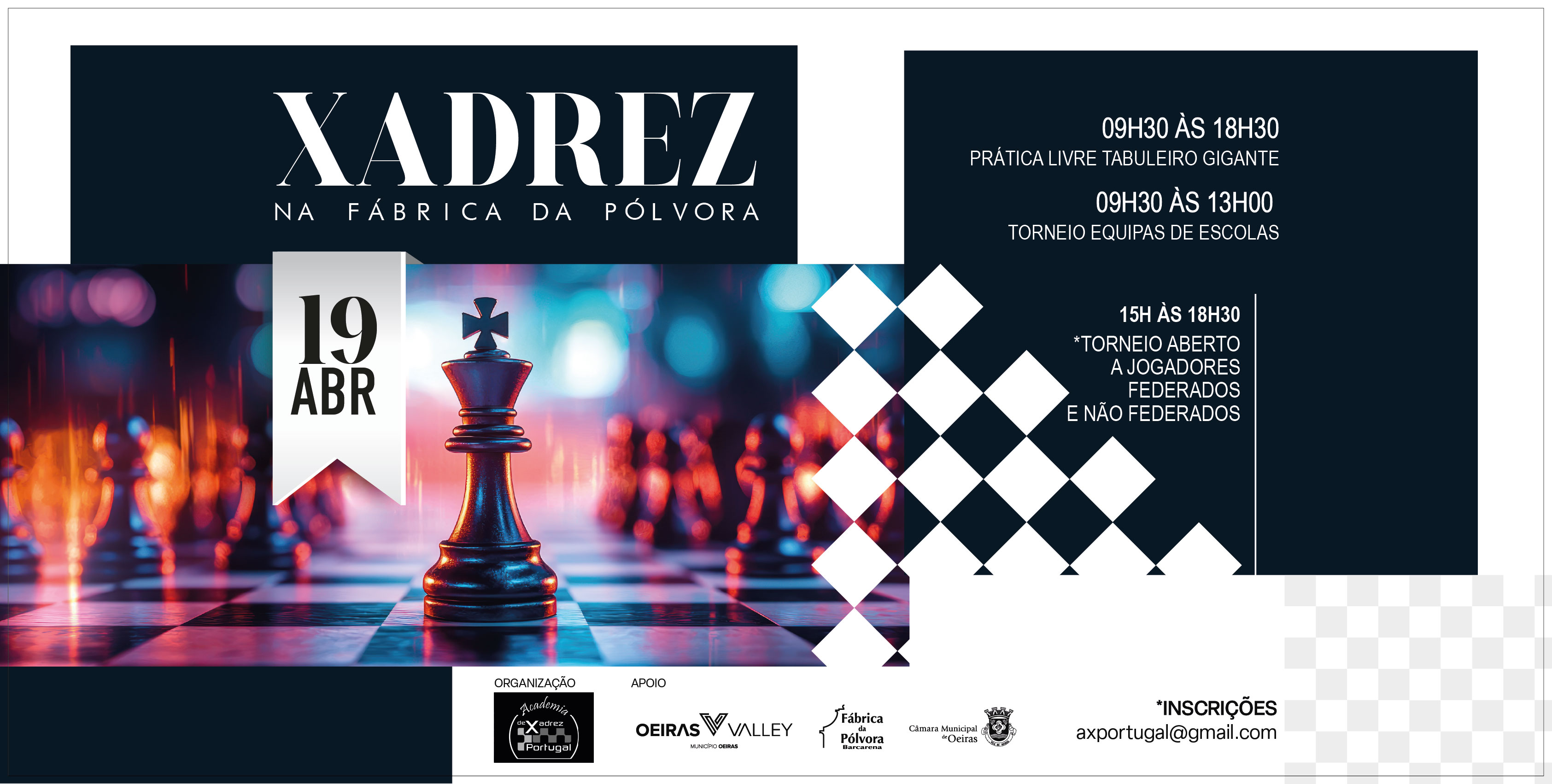 banner informativo do evento com imagem de peça de xadrez