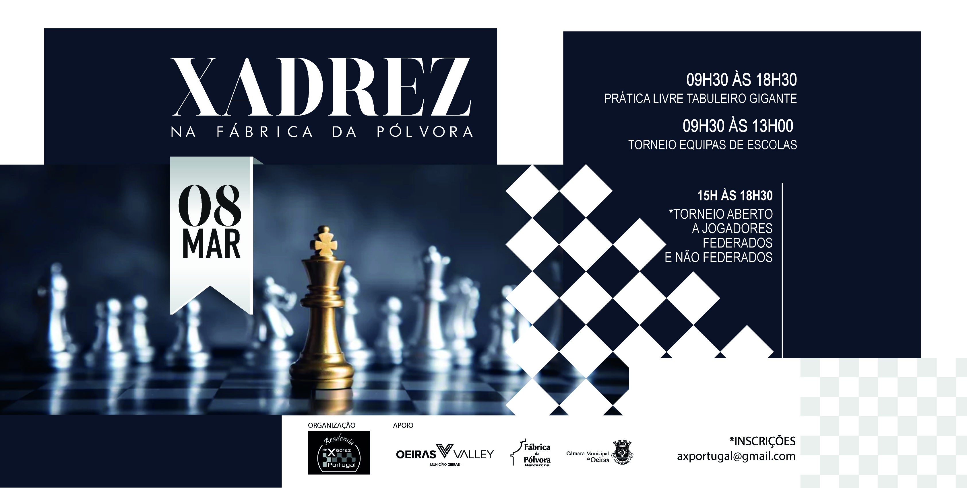 banner informativo do evento com jogo de xadrez