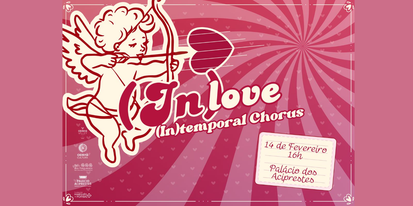 Banner com um desenho de cupido com fundo de corações, nome, data e local do evento
