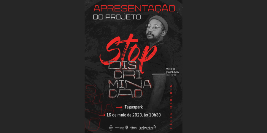 Cartaz com vocalista dos HMB mais título do evento 'STOP discriminação'
