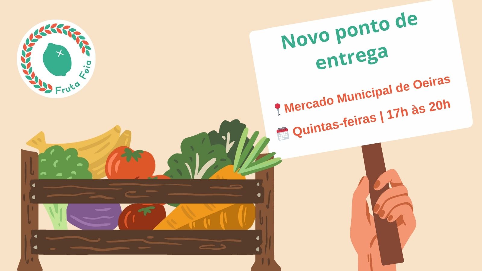 Cartaz com ilustração de uma caixa de fruta, com o logo da 'Fruta Feia' e um cartaz com informações.