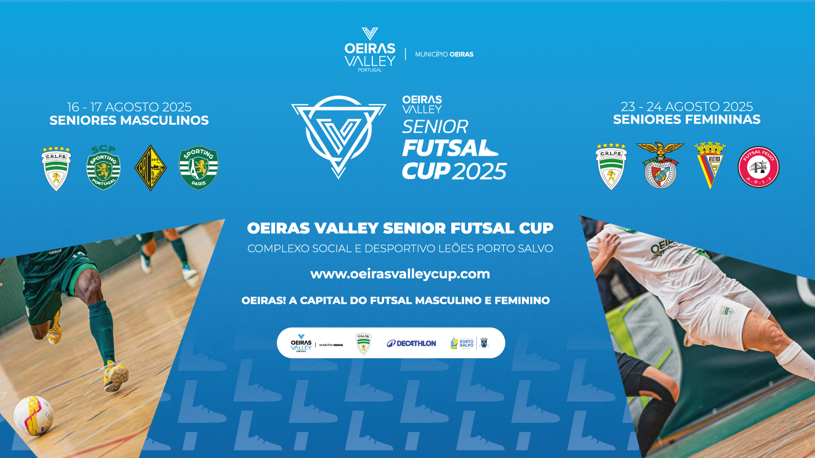 Banner com informação relativa ao Oeiras Valley Futsal Cup 2025, datas das realização dos 2 torneios de agosto.