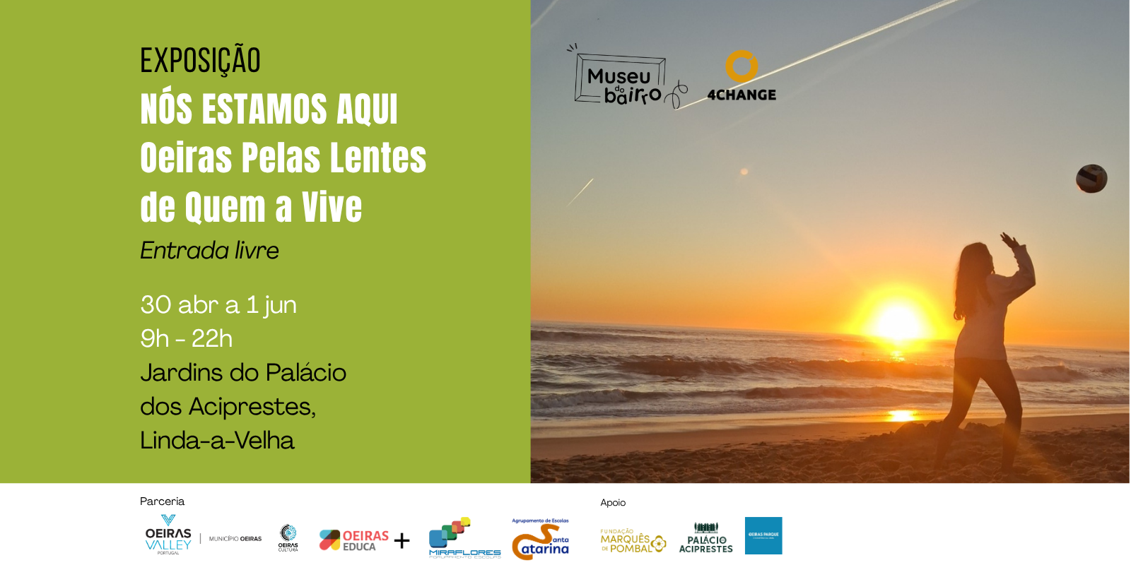 banner informativo do evento com fotografia do pôr do sol na praia