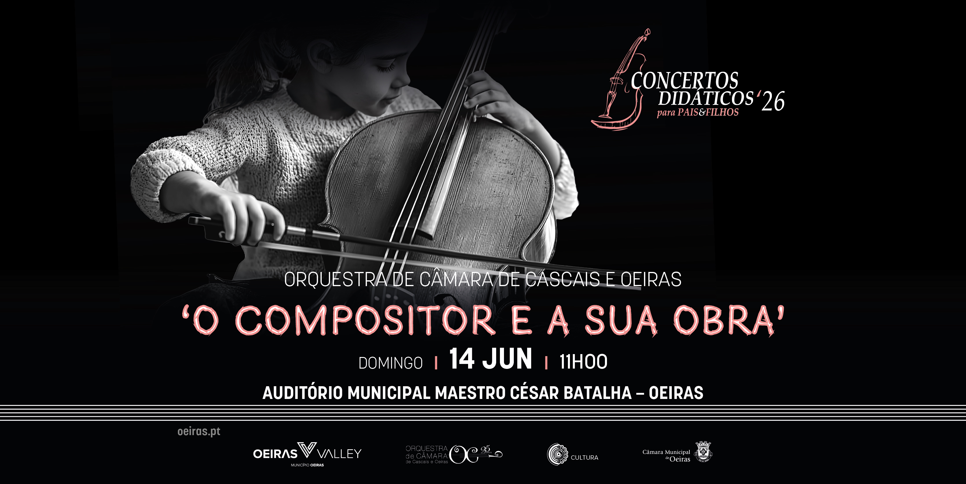 banner informativo do evento com fotografia de criança a tocar violoncelo