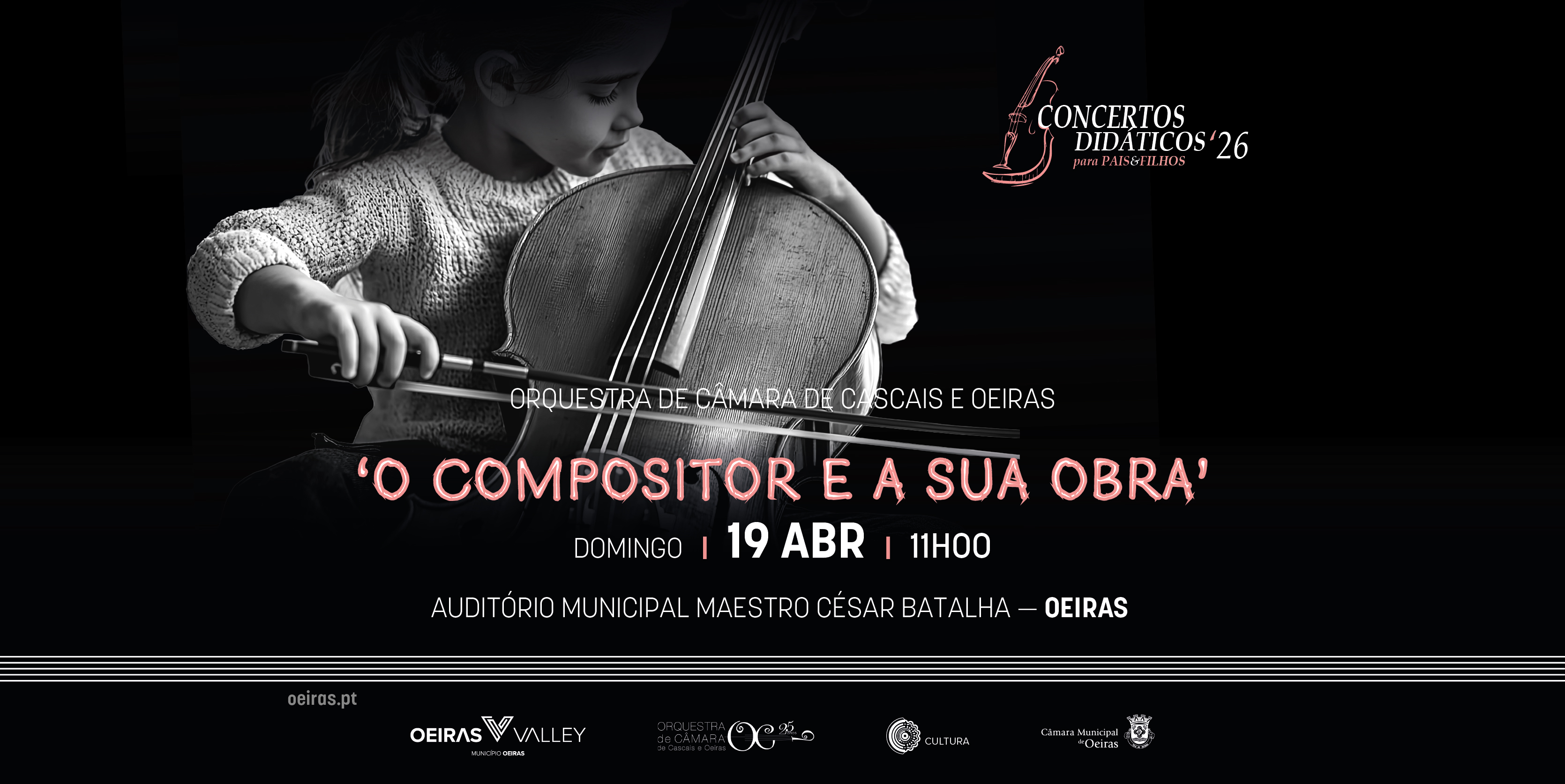 banner informativo do evento com fotografia de pessoa a tocar violino