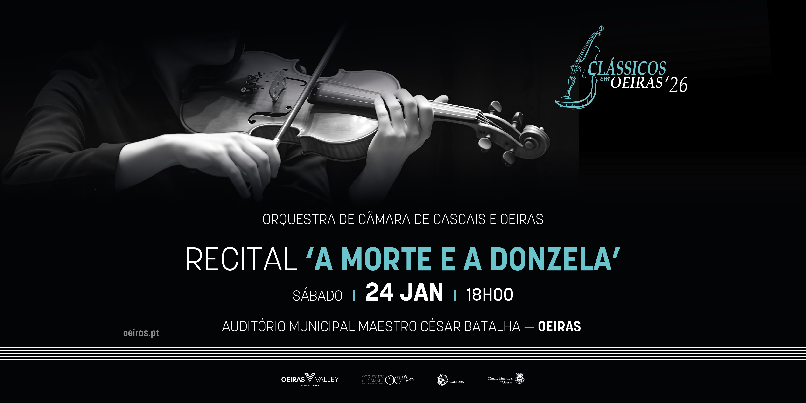 banner com fotografia de músico a tocar o violino, com o nome do evento e informações da data, horário e local