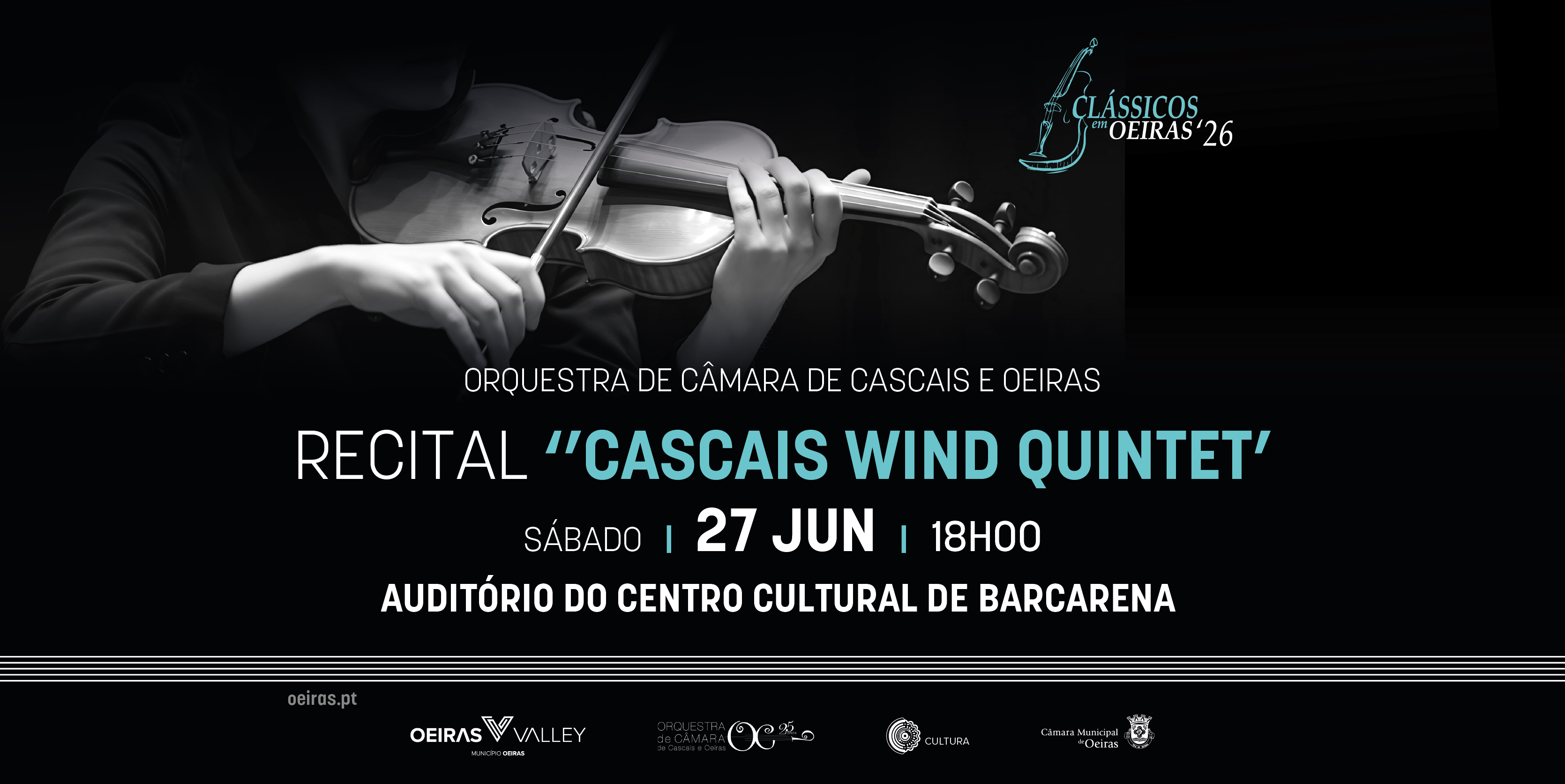 banner informativo do evento com fotografia de pessoa a tocar violino