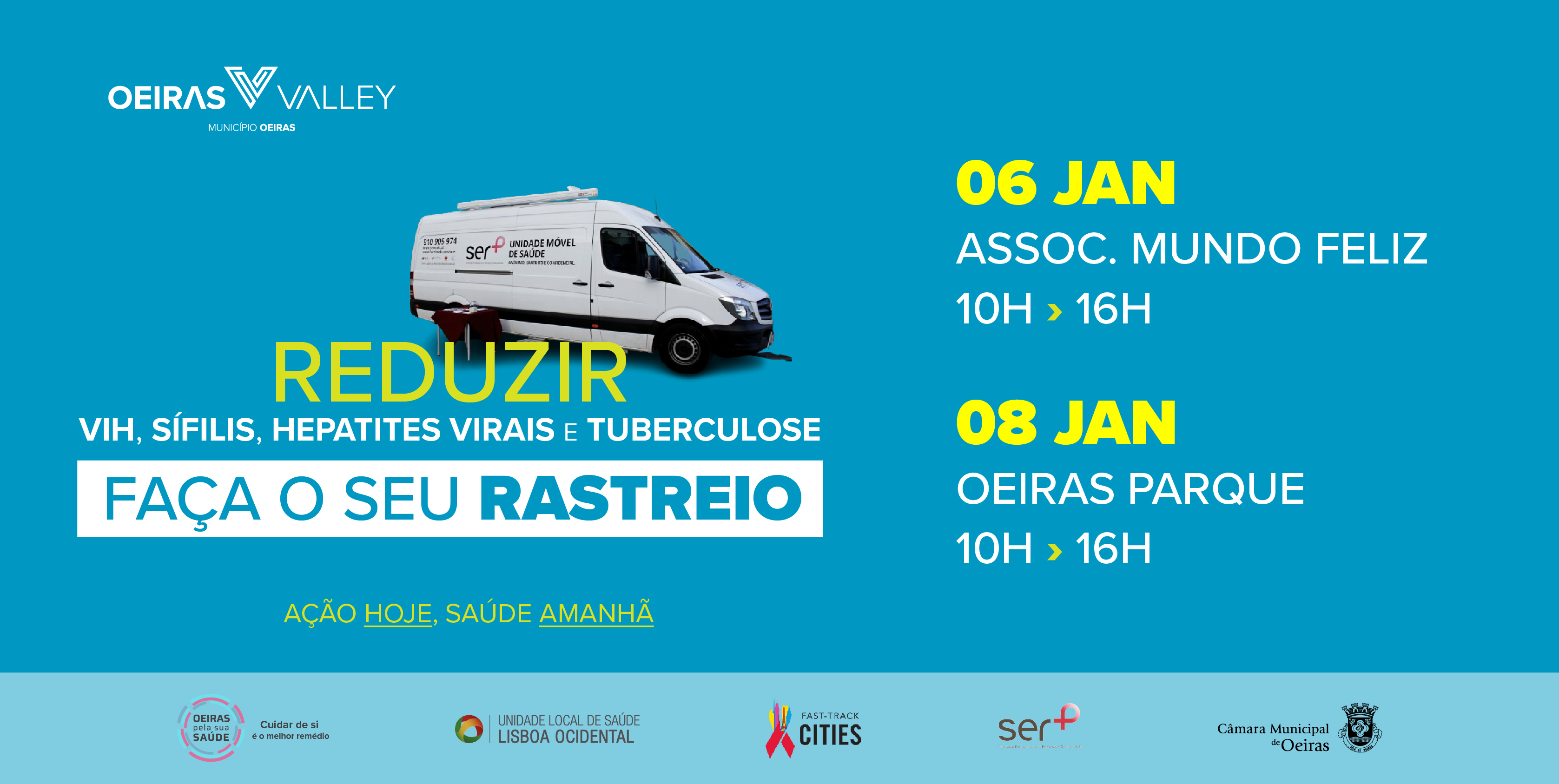 banner informativo do evento em tons de azul e fotografia da carrinha móvel