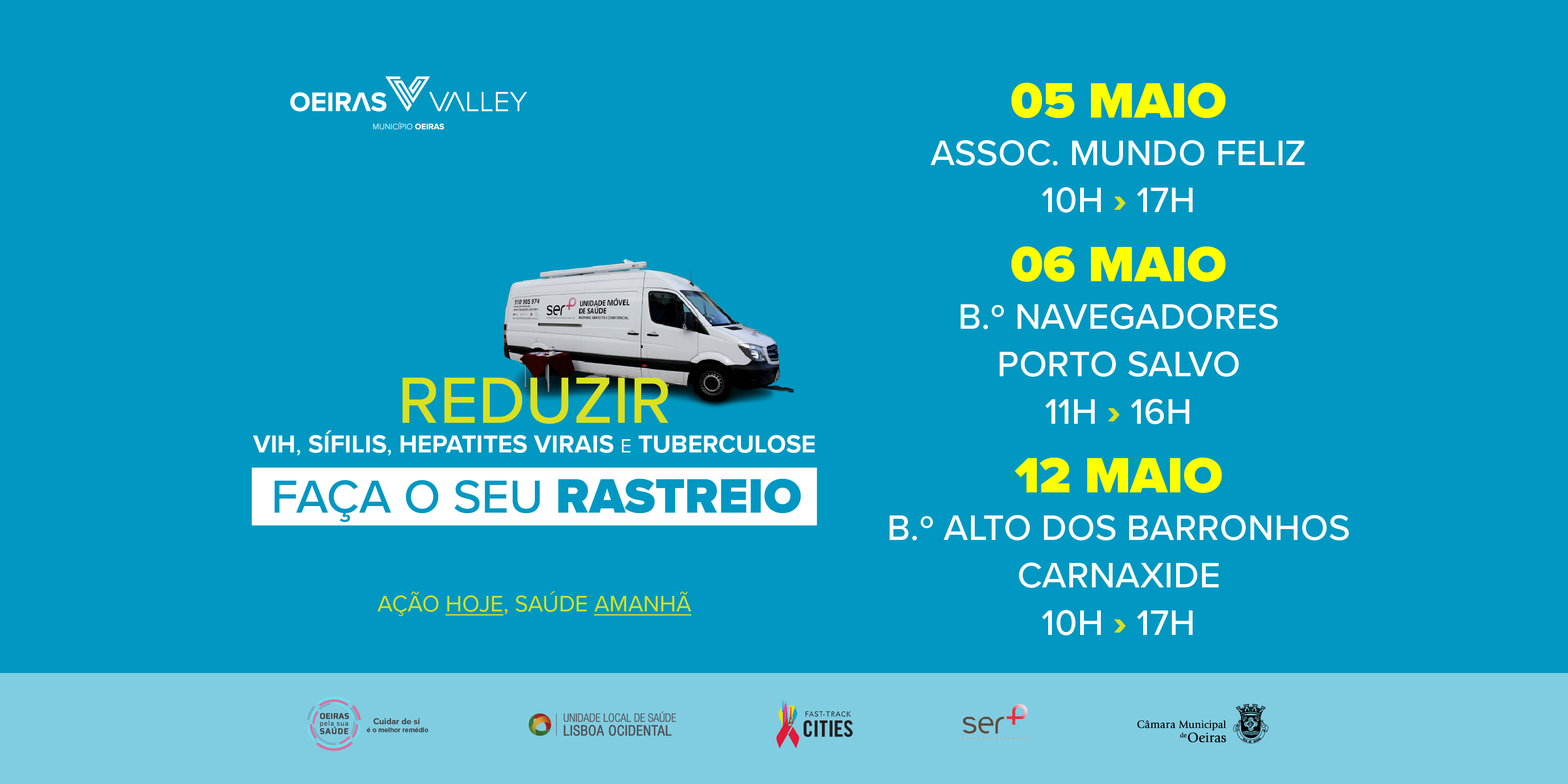 banner informativo do evento em tons de azul com fotografia da carrinha do rastreio