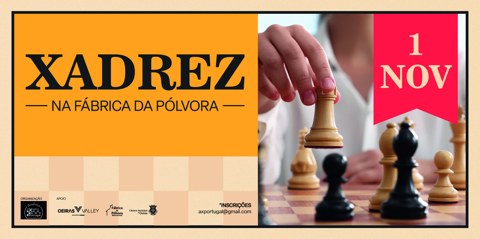 Banner do evento, tendo o fundo de um tabuleiro de xadrez e indicação do programa, data e local. 