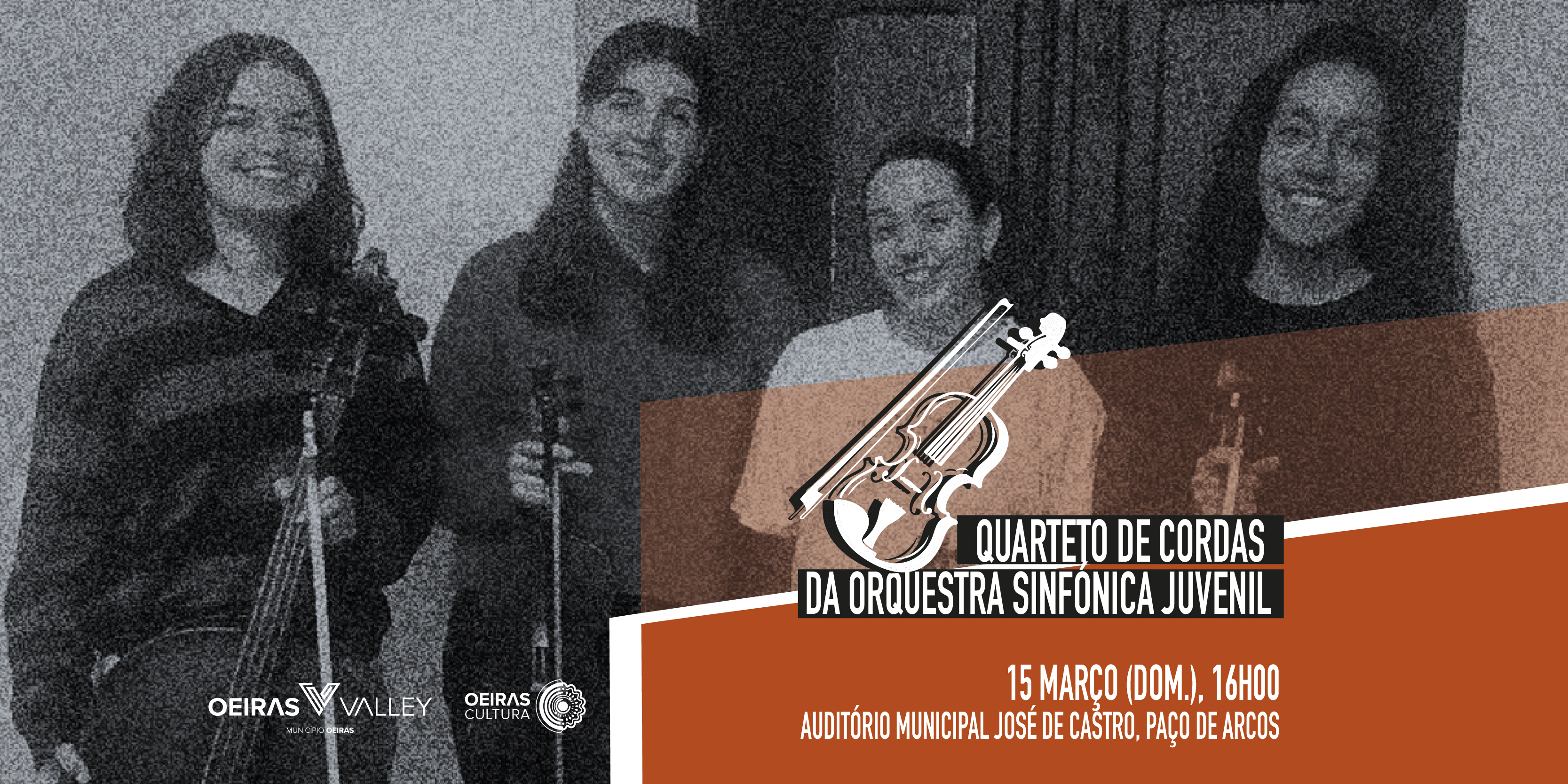 Fotografia a preto e branco de quatro jovens com instrumentos de cordas a anunciar o concerto do Quarteto de Cordas da Orquestra Sinfónica Juvenil no Auditório Municipal José de Castro