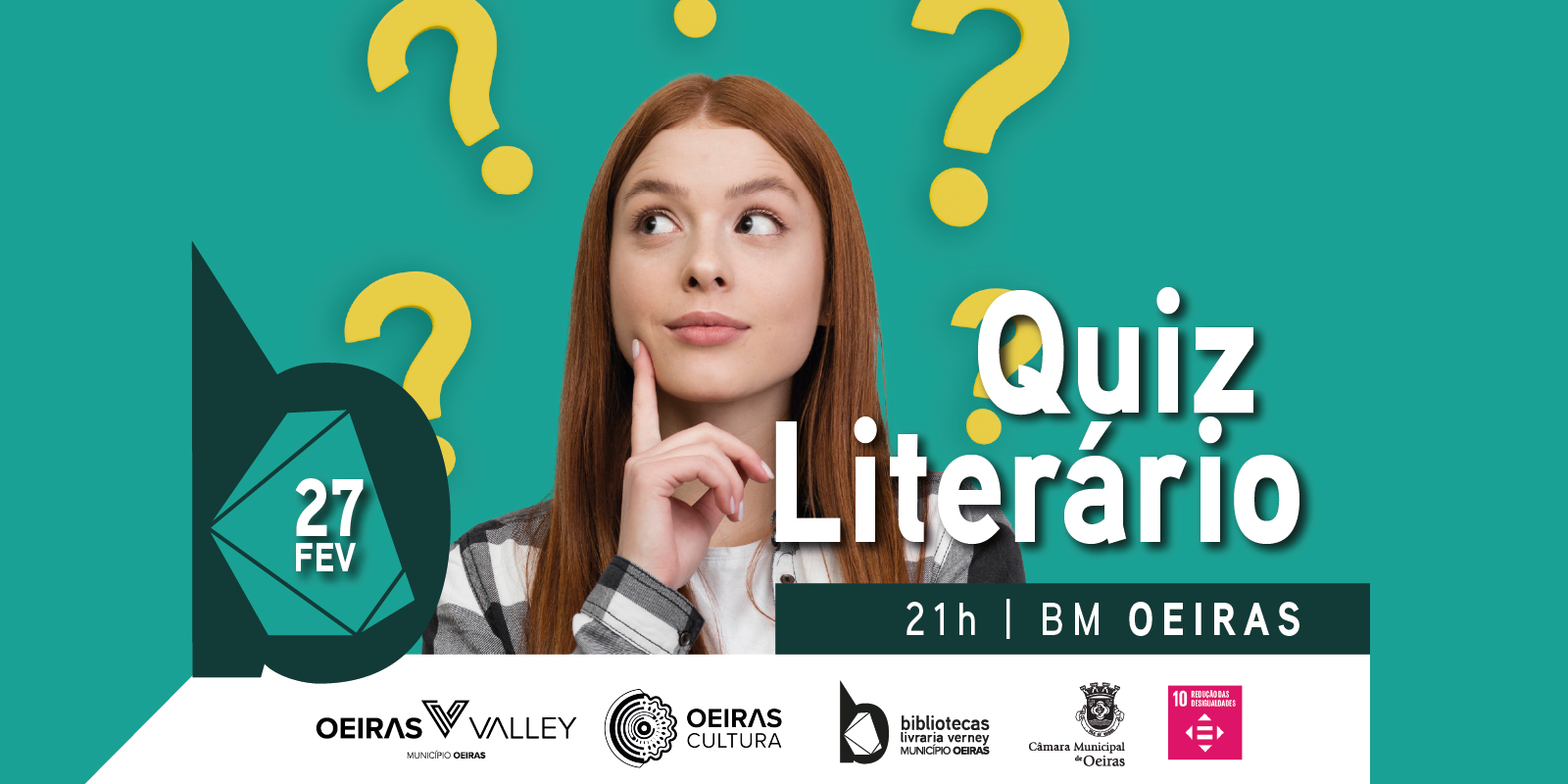 banner informativo do evento com fotografia de mulher a pensar