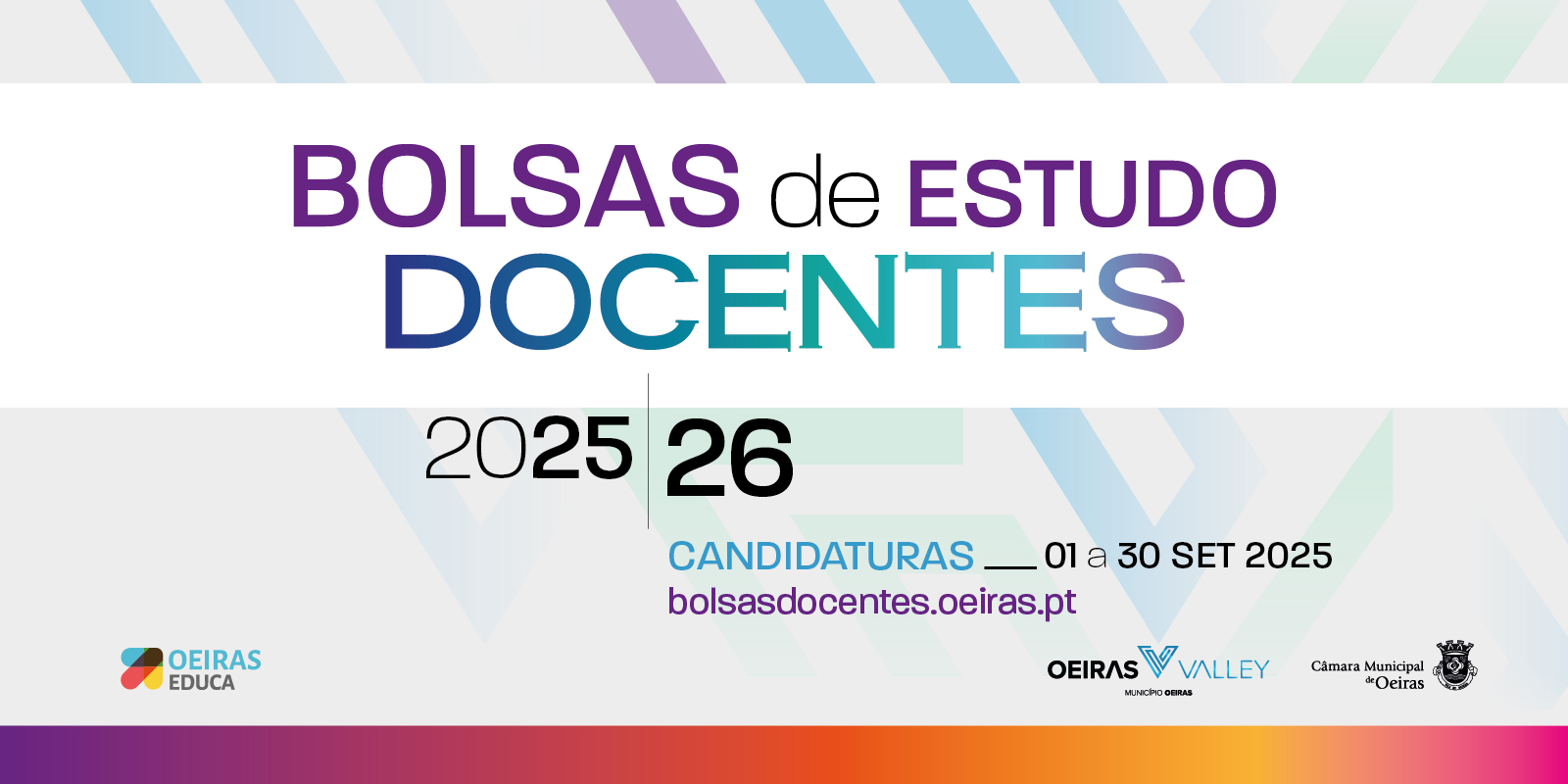 Imagem branca com letras degradê em tons de azul e vermelho escrito Bolsas de Estudo para Docentes 2025/2026