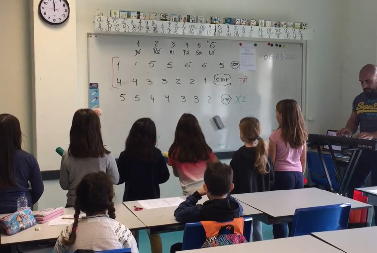 Crianças a olhar para um quadro de sala de aula